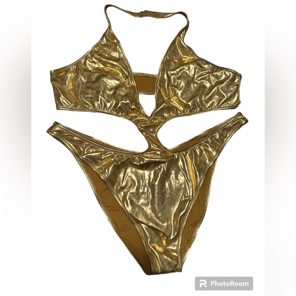 Skims Swim Metallic Halter Monokini 4X